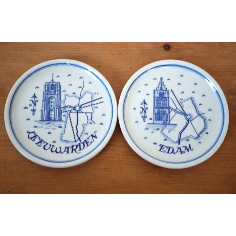 Vintage Pair Dutch Delft Porcelain Coasters Dish Plates Edam Leeuwarden Holland